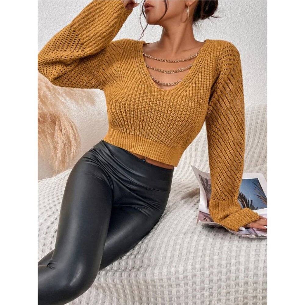 NWOT Cropped Cable Knit Chain V-Neck Sweater in Ginger/Orange Size Large - Picture 5 of 6